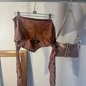 WEST FADE Velvet Lace Up Crop Top Brown Tie Front Asymmetrical Tie Sleeve S NWT